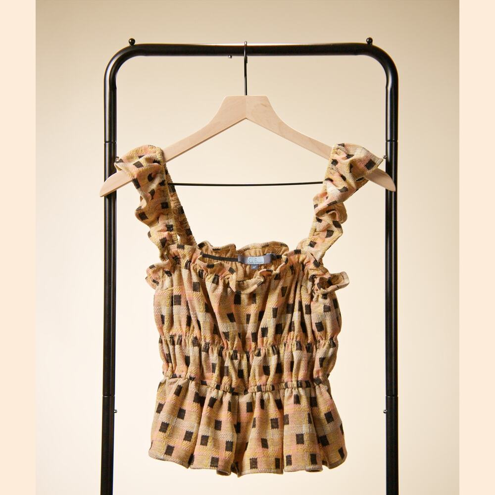 Eva Franco Smocked Peplum Top Small Pink Tan Geometric Ruffle Strap